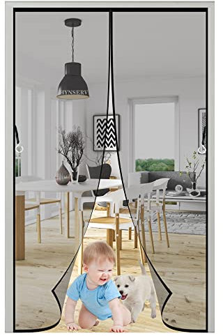 Magnet Fliegengitter Tür 115x210cm Schwarz Magnet Fliegengitter Automatisch Verschließen ohne Bohren Insektenschutz Balkontür mit Klettband für Wohnzimmer Schiebetür Terrassentür