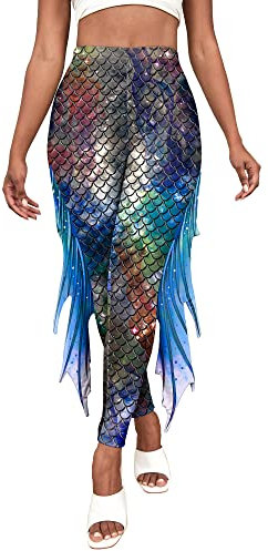 Panegy Meerjungfrau Kostüm für Frauen Fischskala Leggings hohe Taille Mermaid Tailhose voller Länge Leggings Halloween Workouthose mit Flossen