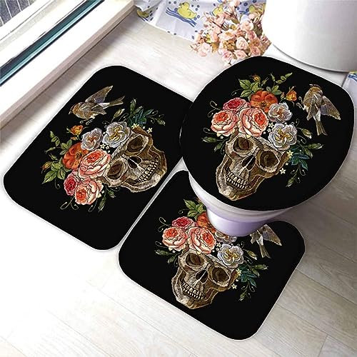 TiaoTian Badematten Set 3 teilig 50x80 Skelett Badezimmerteppich Set 3D WC Vorleger Set rutschfeste Badematte Maschinenwaschbar Totenkopf Horror Gothic Badteppich Set für Badezimmer badvorleger