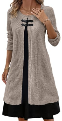 shownicer Vestito Maglioni Donna Invernale Elegante Manica Lunga Girocollo Maglione Vestito Casual Linea-A Knitted Dress per Autunno Inverno A Marrone S