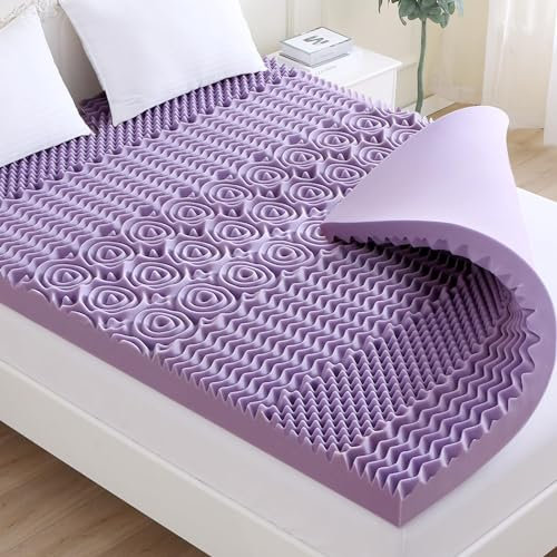 MUXHOMO 3.9 Inch 7-Zone King Mattress Topper, Egg Crate Memory Foam Mattress Topper King Size for Back Pain, Lavender Cooling Gel Infused Bed Pad, CertiPUR-US and Oeko-TEX Certification (76×80)