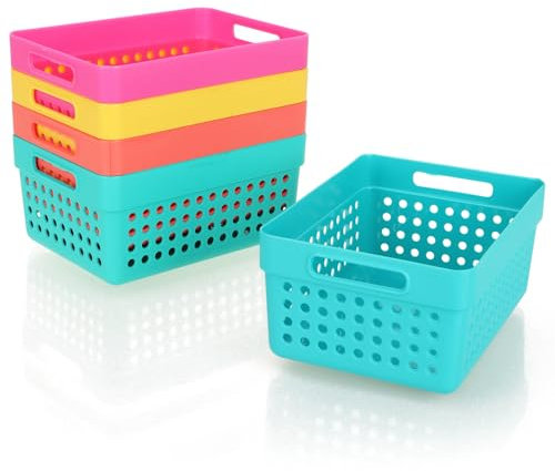 COM-FOUR® 5x Cestas de Almacenamiento - Cestas Decorativas con Asas Laterales - Cajas de plástico para cosméticos y Productos para el hogar - Organizadores apilables en 5 Colores (colorido - 5 piezas)