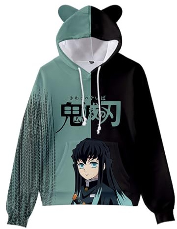 WANHONGYUE Anime Demon Slayer 3D-tryck huvtröja sweatshirt dam tecknad långärmad pullover flickor kattöron tröja med huva, Muichirou, S