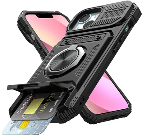 Coolden for iPhone 13 Case with Card Holder [Max 2 Cards] Ring Holder Kickstand Armor Shockproof Military Grade Dual Layer Heavy Duty Protective Case Wallet Case Cover for iPhone 13 Phone Case-Black