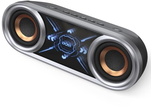 DOSS SoundBox Pro+ P400 Bluetooth Speaker, 50W Loud Stereo Sound, Deep Bass, 26H Playtime, Cool Mirror Lights, Bluetooth 5.3, IPX5 Waterproof, Portable for Outdoor, Beach, Pool, Camping, Party-Grey