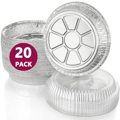 MUAMAX 9 inch Disposable Foil Pan Aluminium Foil Trays with Lids Round Flan Dishes,Tin Pie Cases, Flan Cases, Pie Plates for Baking,Round Foil Trays,20 Pcs Baking Pans for Roasting