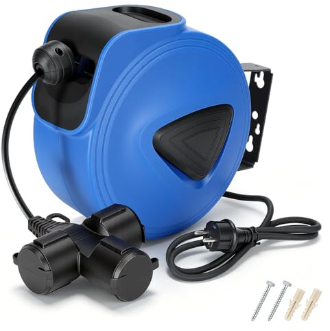 Fiqops Kabeltrommel Automatik 20m +1,5m, Kabelaufroller Wandmontage,180° Seitlich Schwenkbar,Automatische Kabeltrommel für Werkstatt und Ablage,mit Stopfunktion,Kabelaufroller(Dreipoliger Stecker)