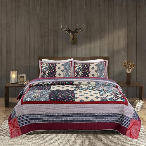 DMBAOD Patchwork tagesdecke mit Kissenbezug,Bettüberwurf Baumwolle Quilt überwurf Bett Sofa Decke Gesteppt Wendbare Tagesdecken Für Doppelbett Patchwork 230x250cm