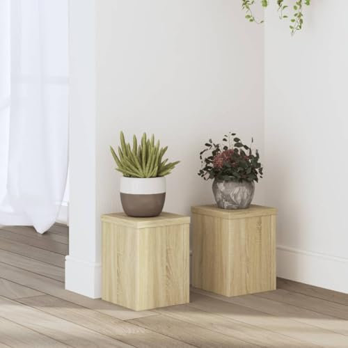 Makastle Blumenhocker 2er Set, Indoor Blumenständer Pflanzenständer Pflanzenstand Pflanztisch Deko Tisch Blumenregal Blumentopfständer Pflanzenregal, Sonoma-Eiche 15x15x20 cm Holzwerkstoff