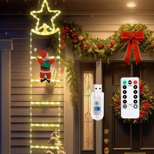 JINGTOPS LED Weihnachtsmann Auf Leiter, Weihnachtslichter Lichterkette Farbwechsel Lichtschlauch Weihnachtsdeko Innen Aussen Weihnachtsbeleuchtung für Fenster, Garten,Tür,balkon,8 Modi (1.5m 115 led)
