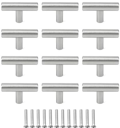 JZK 12 piezas manijas para puertas armarios cocina en forma T pequeñas 5 cm plata con tornillos, tiradores acero inoxidable cepillado, perilla hueca un solo orificio para puertas armarios y cajones