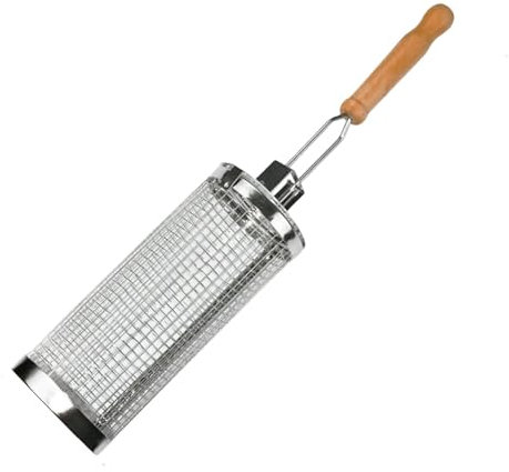 Grillkörbe – rollende Grillkörbe, Grillkäfigkörbe aus Edelstahl | Runder Mesh-Grillkäfig mit Holzgriff, robustes Kochzubehör für Fleisch, Garnelen und Gemüse
