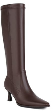 HQINGAXU Donna Stivali Alti Tacco Kitten Classici Punta Affusolata Stivali Fino Polpaccio Pannello Elastico Imbottitura Cerniera Laterale Invernali Leggeri in Pelle Tacco Lunghi,Marrone,41 EU