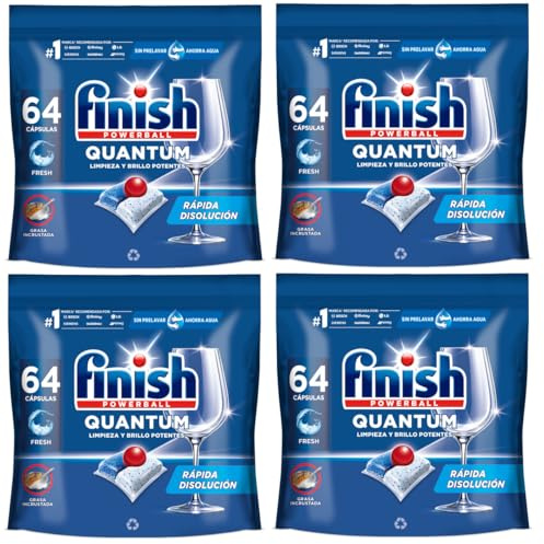 Finish Powerball Quantum Limpieza y Brillo Potentes, Pastillas para lavavajillas, aroma Regular, 256 pastillas