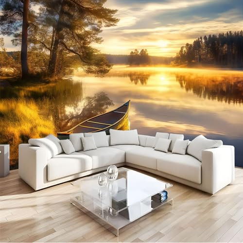JEDTAKCT Papier Peint Panoramique Nature 300X210Cm - Revêtement Mural Décoration Salon - Design Moderne - Coucher De Soleil Lac - Paysage Onirique Déco Nature Plantes Tableaux Muraux