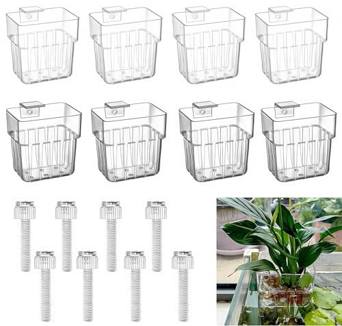 JSUOEO 8 PCS Aquarium Plant Holder, Acrylic Fish Tank Plants Pots with Hook Top Hanging Aquatic Planter Cups for Aquarium Aquascape Decorations Plants Cultivation (Clear Grey)