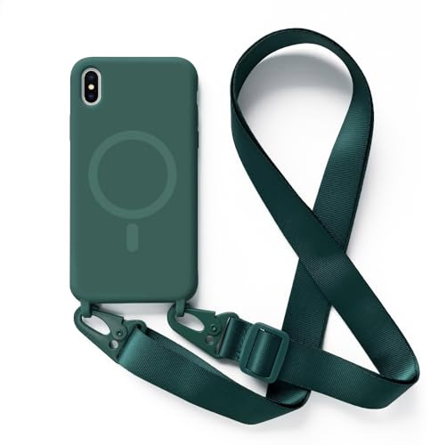 Leather Armor Handykette Hülle für iPhone X/XS mit Band Halsband Lanyard (abnehmbar) Handyhülle, Verstellbarer Lanyard.Magnetisch Stoßfest Silikonhülle Wireless Charging kompatibel .-Grün