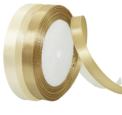 2 Rollen Satinband 10mm Breit, Geschenkband Beige und Champagner Gold Schleifenband Stoff Satinbänder für Blumensträuße, Geschenkverpackung, Weihnachten, Hochzeit und DIY Kunsthandwerk