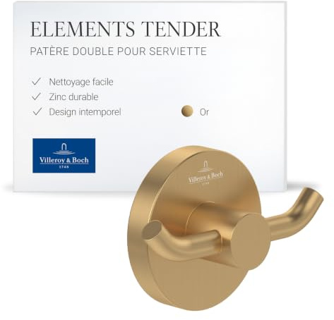 Villeroy & Boch Elements - Tender - Gancio doppio per asciugamani da parete, gancio da parete in zinco, accessori da bagno, gancio rotondo, 76 x 32 x 54 mm, colore: Oro spazzolato