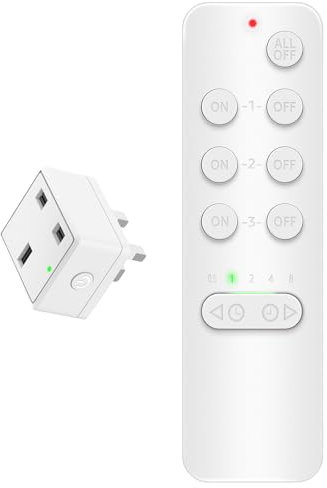 NineLeaf Remote Control Plug Socket UK, Timer Plug with Wireless Remotes, Electric shock-proof safety outlet, 15A,4000V Anti-Surge, 152M/500FT, Programmable, V0 Fireproof, LED, 1 Socket and 1 Remote