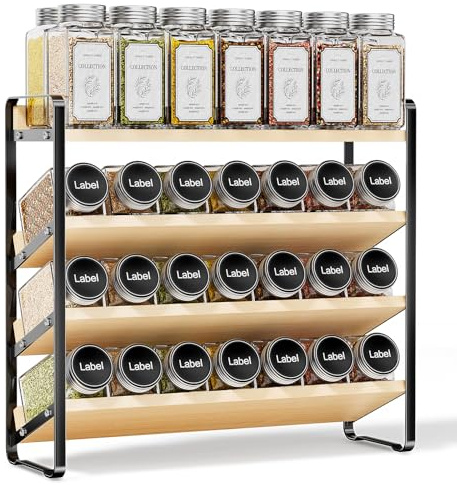 MUDEELA Spice Rack, 4 Tier Wooden Spice Organiser with Slanted Shelves for Countertop & Cupboard, Pantry, 34cm W x 28.4cm H x 11cm D, Black