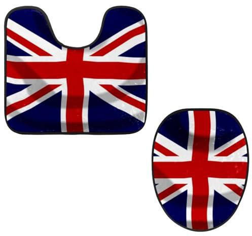 Eslifey WC-Deckelbezug und U-förmige WC-Bodenmatte Set mit 2 Stück, Union Jack Britain British Jack Toilettenmatten-Set, maschinenwaschbar, Sitzbezüge, rutschfeste saugfähige Teppiche