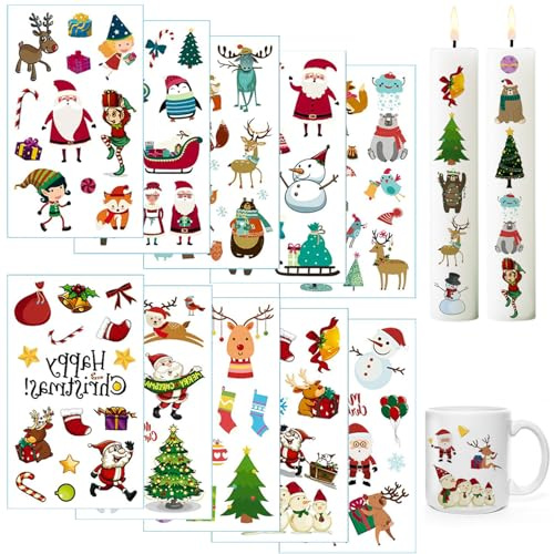 10 PCS Kerzentattoo,6.8x12cm Wassertransferdruck, DIY asserschiebefolie Kerzen,wasserschiebefolie kerzen,Kerzenfolie,kerzenaufkleber sticker,Weihnachten kerzen dekorieren (Weihnachten)