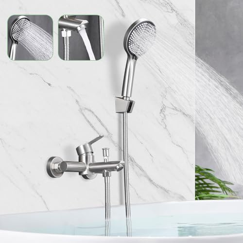Mursche Badewannenarmatur mit Handbrause Wasserhahn Badewanne - Dusche Armatur mit Brause Gebuerstet Duscharmatur Handbrause Einhebelmischer Edelstahl Badarmatur Wandmontage für Bad Badezimmer
