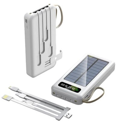 KISUFU Power Bank Solar Inalámbrico de 20000mAh con Manivela y 4 Cables, Batería Externa Cargador Portátil con Lumière flash, Soporte, cuerda colgante para Smartphones, Tabletas (Blanco, 20000mah)
