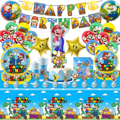 86 pezzi Super Bro Decorazione di compleanno, set di stoviglie per feste, palloncini, piatti di carta, tovaglioli per 10 ospiti
