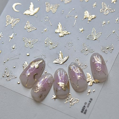 SHOFUL Schmetterling Nagelkunst-Sticker, Goldener Stern Schmetterling, 1 Stück 5D Nagel-Sticker, Gold