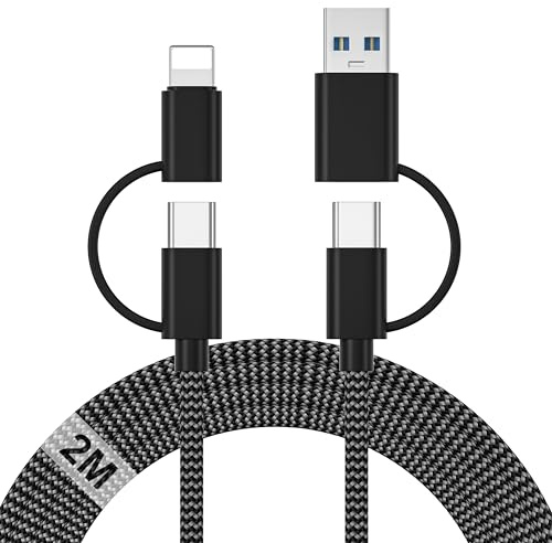 4 en 1 Multi Cable de Carga Rápida 2M, 60W Nailon Multi Cable Cargador Tipo C Carga Rápida Cabo USB C con USB A/Lightning Adaptador para iPhone 17/16/15/14, iPad, Samsung, Xiaomi, Redmi, Huawei, Honor