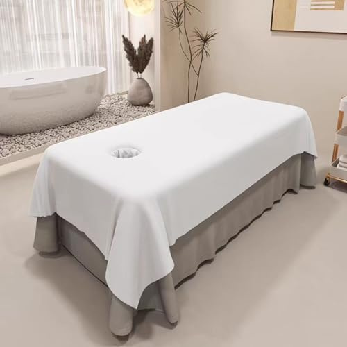 Surwin Drap pour Table de Massage avec Trou, Housse Table de Soin Esthetique Doux Lavable Drap Housse de Protection en Éponge pour Lit de Massage pour Esthetique, SPA (140x240cm,Blanc)