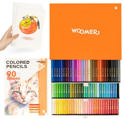 Woomer Premium färgpennor, 90 konstnärskvalitetsfärger, mjuk kärna med förvaringsfodral, professionellt ritset för skissning, färgning, illustration med 20 färgade pennpappersark