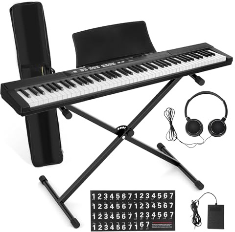 88 Key Piano Keyboard, Electric Digital Piano with Full Size Semi Weighted Keys, Beginner Piano Set with Sustain Pedal Stand Headphones Carrying Case (Black)
