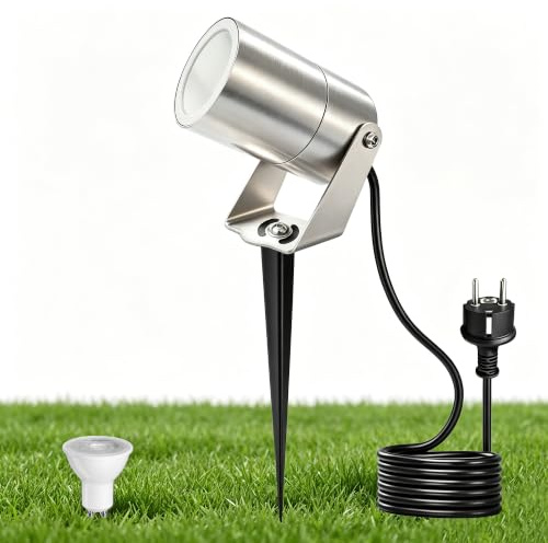 YOVGQOLV LED Gartenstrahler mit Erdspieß 230V GU10 IP65 Wasserdicht Außen | IP65 Edelstahl Gartenleuchte Gartenbeleuchtung mit Strom Inkl. 5W 3000K GU10 Glühbirne, 2m Kabel mit Stecker, 1Stück-Silber