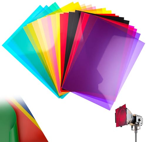 20 Pcs Filtre de Lumière Gel, A4 Filtre de Gel Correction de Couleur | Transparent Film Plastique, Films Couleur, Gelatine Lumière Filtre, pour Flash Lampe Lumière Led, 29,7 x 21 cm