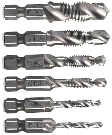 LUCTHY 6-Piece HSS Drill Tap Bit Set, M3-M10 Coated Metric Thread Tap Bits | HSS titanium-coated drill screw taps tool for metal, plastic and wood. M3 M4 M5 M6 M8 M10 sizes for quick change hex shank