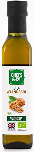 CHEFS& CO | Cold Pressed Organic Walnut Oil for Cooking (Unrefined)-250ml in a Glass Bottle | Gently Cold Pressed Without Chemicals | Premium Quality | Vegan | Gluten-Free | Non-GMO | Cooking Oil
