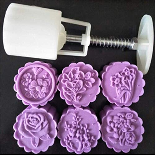7pcs / Set Mooncake Stampo,Mano Pressione Maker Stampo + 50g Fiore Modalità Timbri Sturalavandini Kit,Plastica Rotondo Biscotti Taglierino,Luna Torta Cottura Al Forno Pasticceria Attrezzi,Cucina Fai