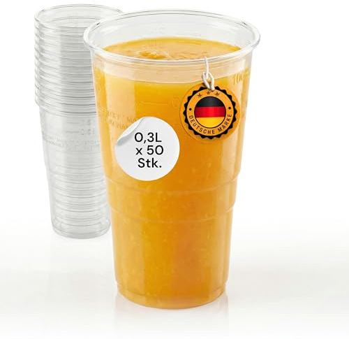 LogiPack GeRo 50 Stück Plastikbecher – Trinkbecher mit Eichstrich 0,3l | Einwegbecher aus Hartplastik (PP), transparent | Bierbecher & Partybecher – Kunststoffbecher