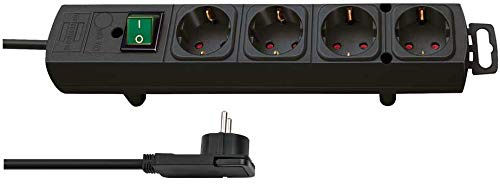 Brennenstuhl Comfort-Line Plus, Steckdosenleiste 4-Fach (mit Flachstecker, Schalter, 2m Kabel und extra breite Abstände der Steckdosen) Farbe: weiß (4-Fach, Schwarz)