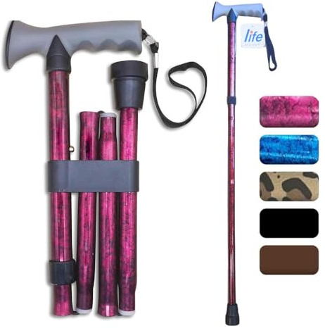 Life Healthcare Walking Stick Comfort Gel Handle For Arthritis, For Elderly Disabled, Folding Adjustable Height, Plain Black, Right Or Left Handed, With Non-Slip Rubber Tip, Wrist Strap, Lightweight