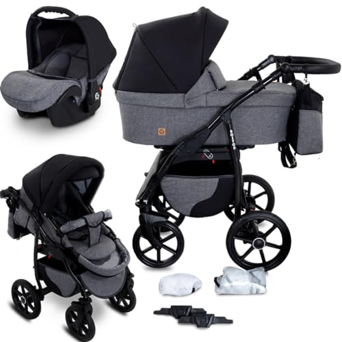 GaGaDumi Boston 3 en 1 Cochecito para Bebé con Silla de Auto - Carrito de Bebé Completo con Ruedas Grandes, Bolso y Accesorios Incluidos - Homologado TÜV Gris Negro