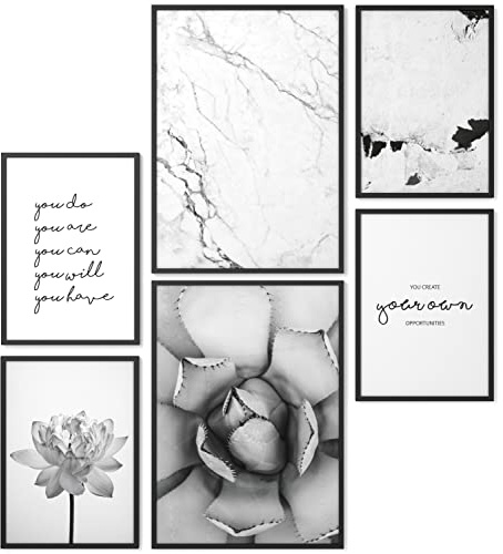 Papierschmiede® Mood Poster Set Unity Schwarz-Weiß, Bilder Wohnzimmer Deko Schlafzimmer, 2x DIN A3 und 4x DIN A4, Blume Marmor Kaktus - Wandposter ohne Rahmen