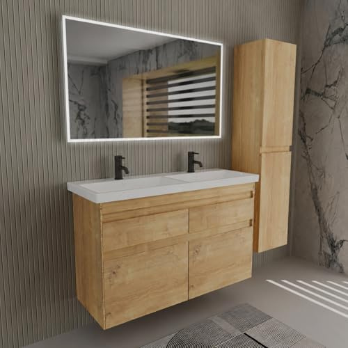 Alpenberger Badezimmer Komplett Set, Doppelwaschtisch mit Unterschrank 120 cm, Doppelwaschbecken mit Spiegel und Hängeschrank, Waschtischunterschrank mit 4 Schubladen, vormontiert, Eiche Natur