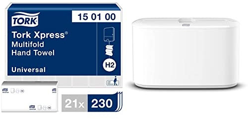 Tork Xpress Multifold Papierhandtücher 150100 - weiß - 21 x 230 Tücher & Xpress Tischspender für Multifold Papierhandtücher 552200, Elevation Design - H2 Tisch-Papierhandtuchspender weiß