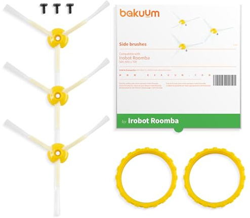 BAKUUM Pack de 3 Cepillos laterales con 3 Tornillos y 2 neumaticos amarillos para iRobot Roomba Series 500, 600 y 700. Escobillas con cerdas ultra duraderas.