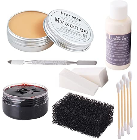 Mysense Flüssiges Latex-Narbenwachs, SFX, Make-up-Set für künstliche Narben, Wunden, Verbrennungen, mit koaguliertem Blutgel und Spachtelschwämmen, Q-Tips