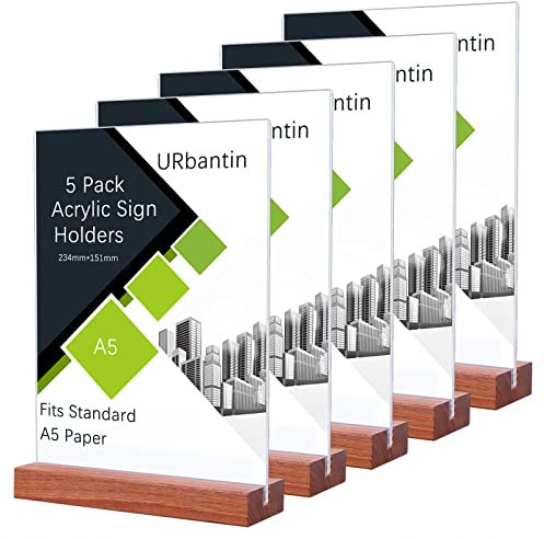 URbantin A5 Ständer Aufsteller Acryl Tischaufsteller,5 Stück T-Ständer Werbeaufsteller T-Aufsteller,Doppelseitig Schildhalter für Restaurant,Hotel,Dokumente,Büro, Geschäft (Holzsockel)